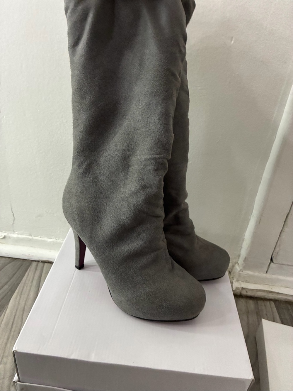 Charcoal Grey Suede Over-the-Knee Stiletto Boots